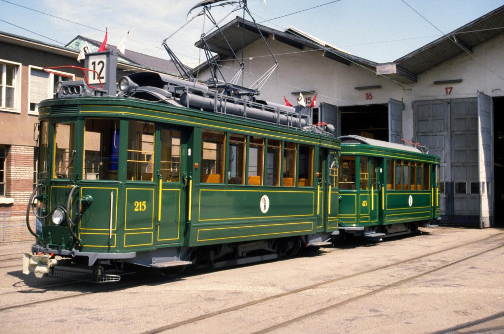 Der Be 2/2 mit der Betriebsnummer 215 wurde am 09.02.1933 in Betrieb genommen. Hier steht der wagen mit dem B2 mit der Betriebsnummer 423 auf dem Hof des Depots Wiesenplatz.